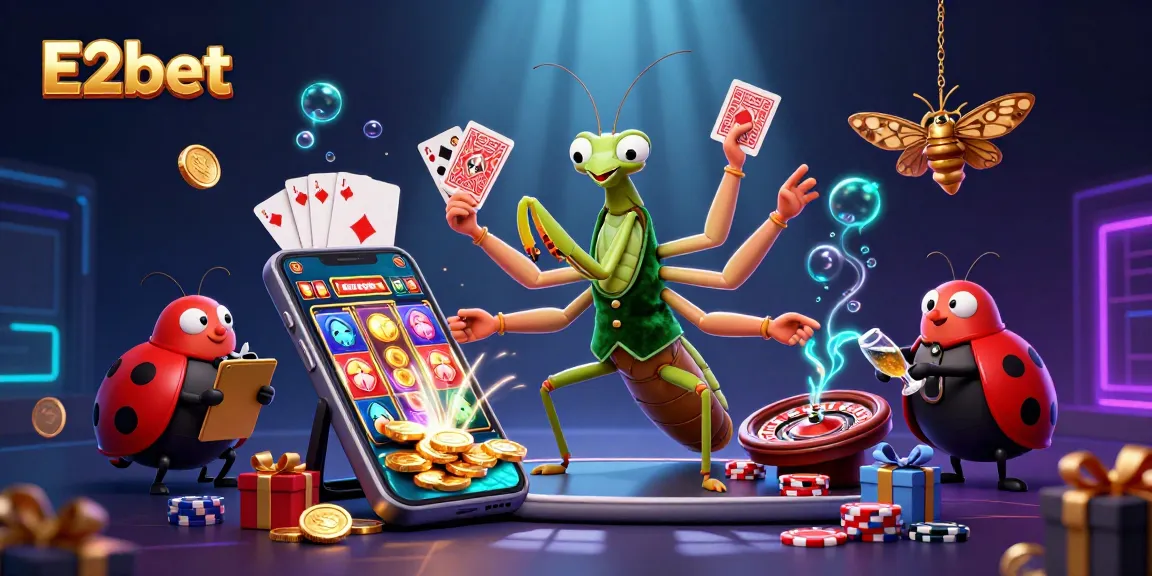 Experience vibrant E2bet gaming with a praying mantis dealer and a ladybug boss amidst high-energy casino elements