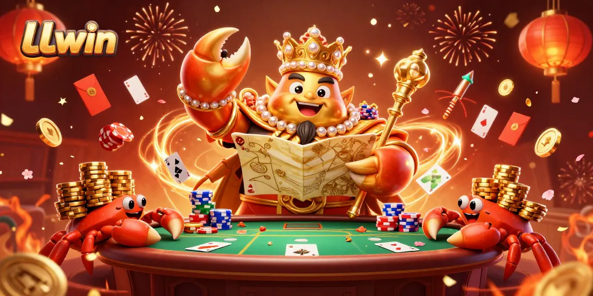 Experience thrilling gameplay at LLwin with a vibrant 3D scene of a golden crab emperor surrounded by poker elements.