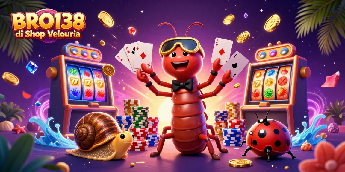 Play exciting slots at BRO138 di Shop Velouria with vibrant characters, golden coins, and thrilling gameplay.