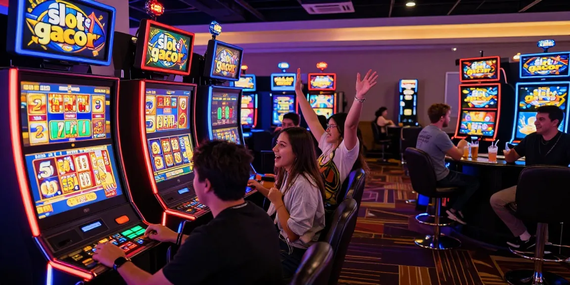 Players celebrating a win at a slot gacor machine in a lively casino atmosphere.