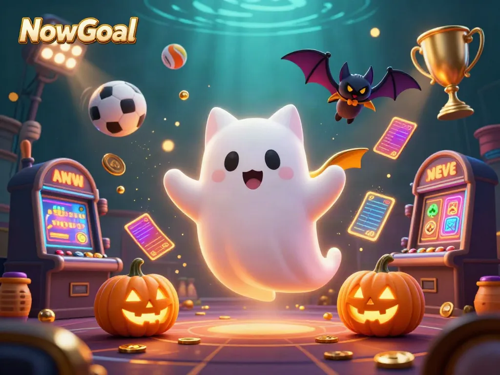 Experience winning with NowGoal's vibrant casino scene featuring ghost cat and sports elements!