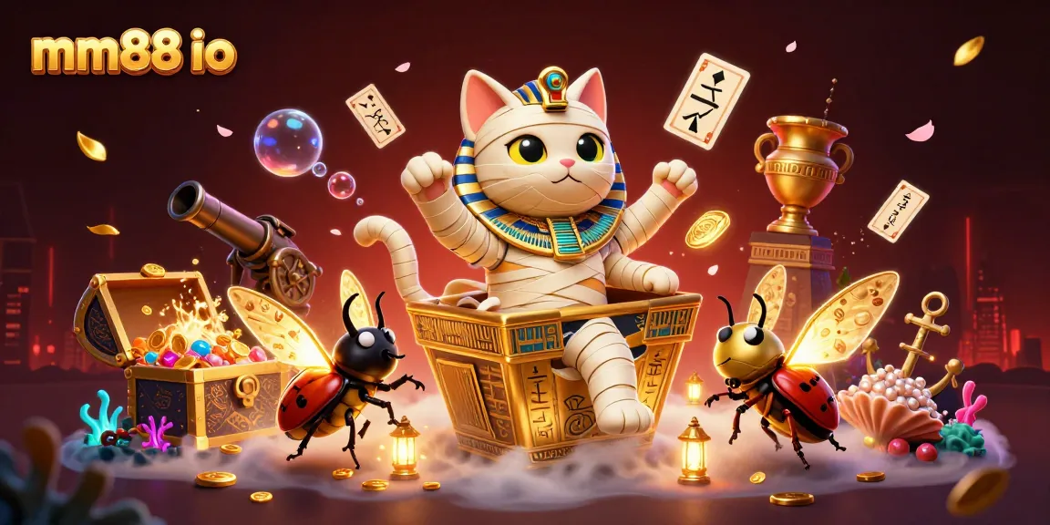 Spin and win with mm88 io in a vibrant casino scene featuring an Egyptian mummy and treasure.