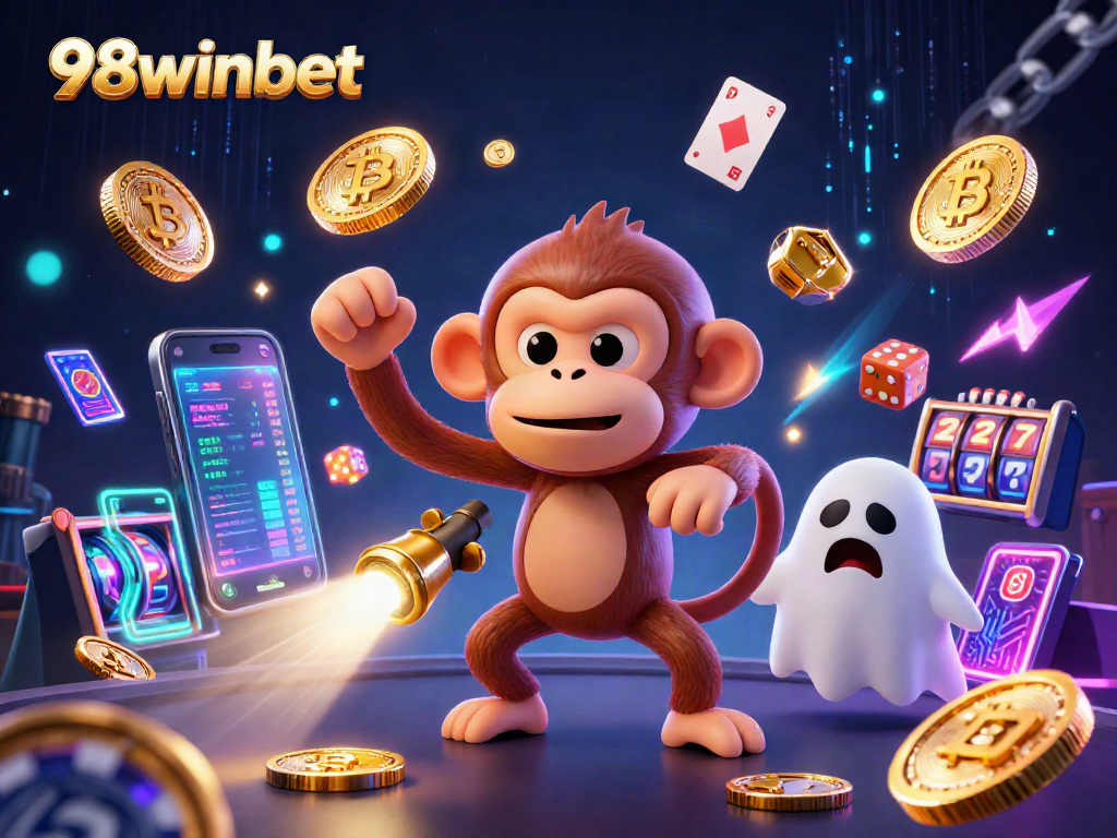 Experience thrilling gaming at 98winbet with a mischievous poltergeist monkey and a curious ghost-hunter puppy amidst crypto elements.