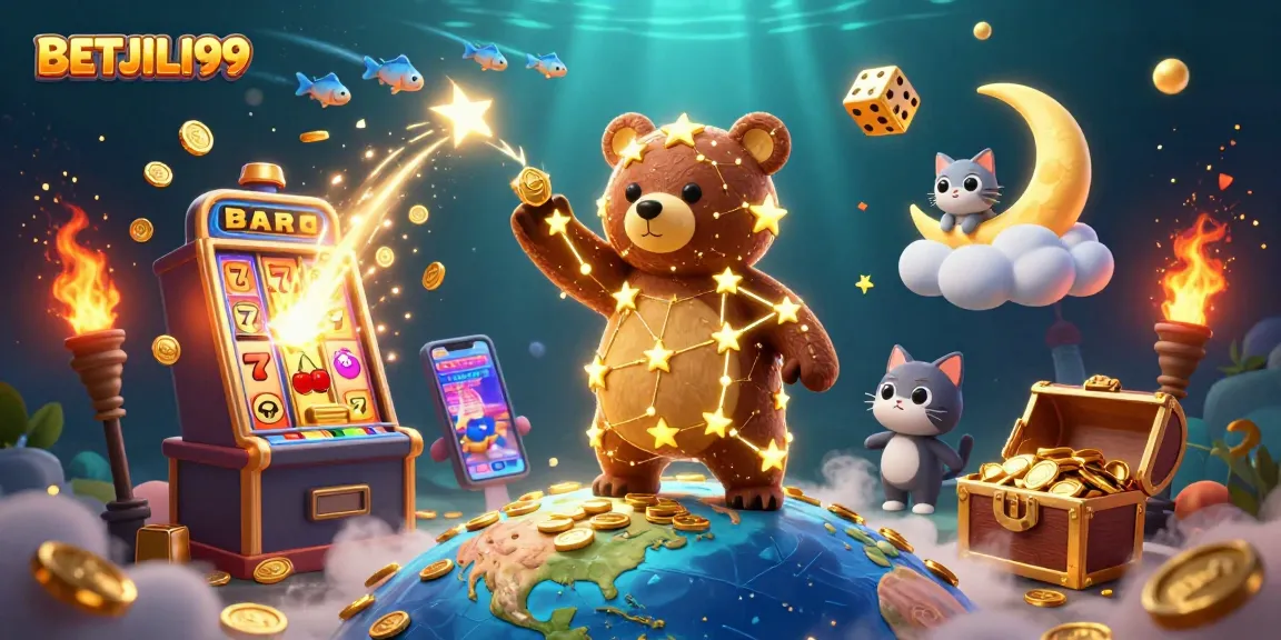 Join the excitement at BETJILI99 with a vibrant casino scene showcasing slots, jackpot wins, and gaming fun.