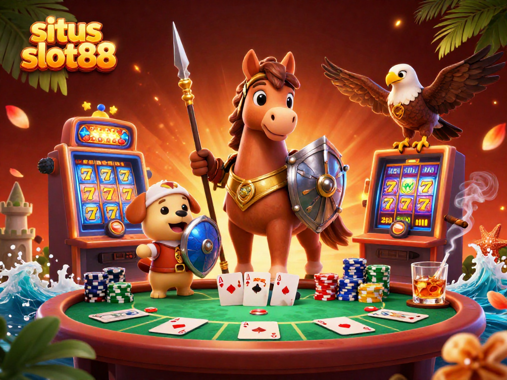 Visualisasi menarik situs slot88 dengan karakter unik dan elemen permainan kasino bersama.