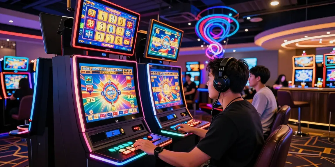 Exciting gaming environment showcasing situs slot terpercaya with a player at a vibrant slot machine surrounded by colorful lights and digital displays.