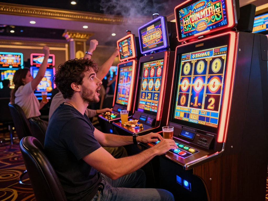 Exciting casino scene with player anticipating a slot jackpot on a colorful machine.