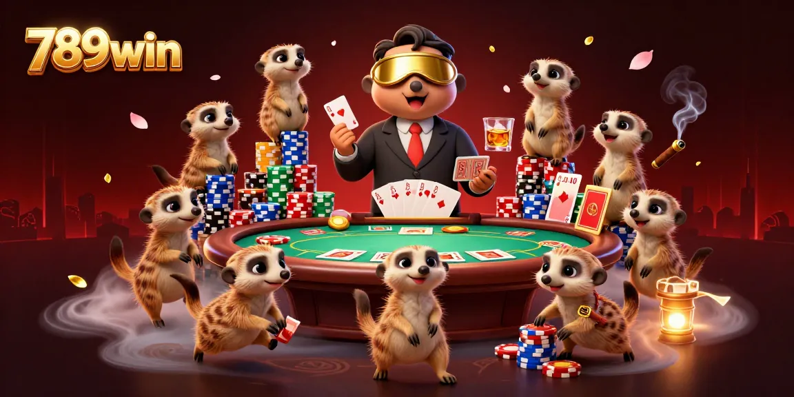 Engage in thrilling games at 789win casino with meerkats managing poker tables and exciting chip towers.