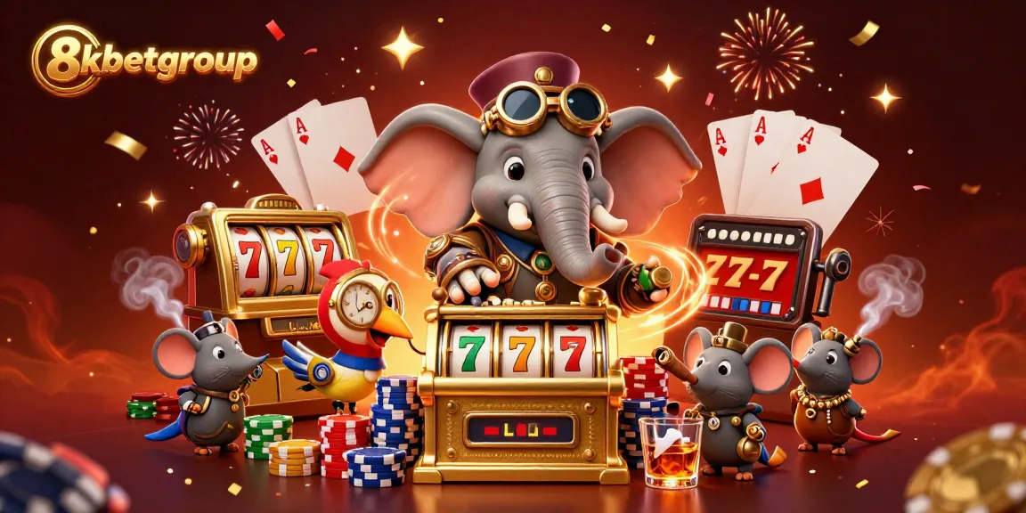 Engage with 8kbetgroup's vibrant steampunk casino scene featuring a mechanical elephant and golden slot machine.