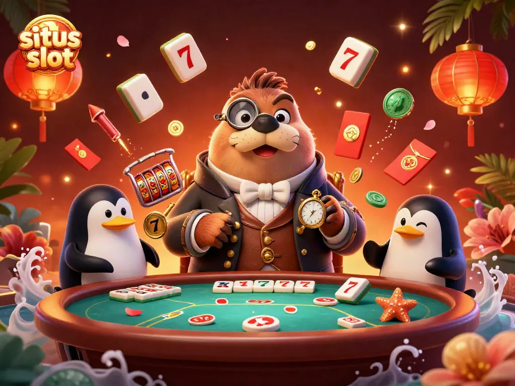 Engage in exciting slot gaming action at situs slot with a jolly walrus and friends in a vibrant casino scene.