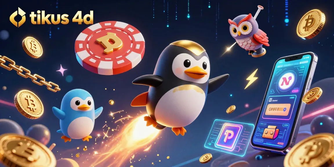 Experience tikus 4d with the golden penguin navigating toward the casino space station amid flying crypto coins.