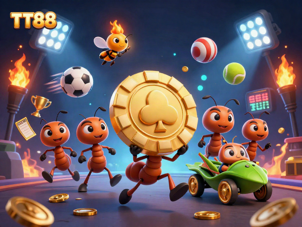 TT88 themed 3D illustration of cartoon ants heisting a giant poker chip amidst sports elements.