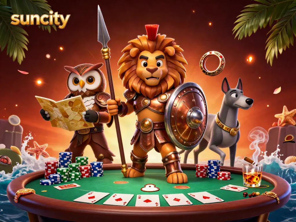 Suncity showcases poker excitement with a Spartan lion, owl strategist, and greyhound in a dynamic casino scene.