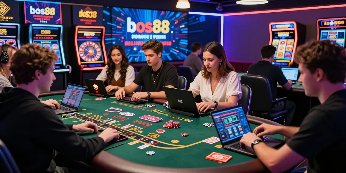 Pengalaman permainan kasino virtual menarik dengan bos88, pemain terlibat dalam permainan poker dan blackjack di laptop dan tablet.