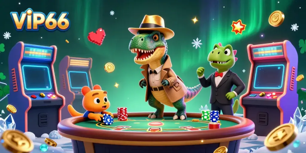 VIP66 showcases a vibrant casino scene with characters overcoming challenges in gaming.