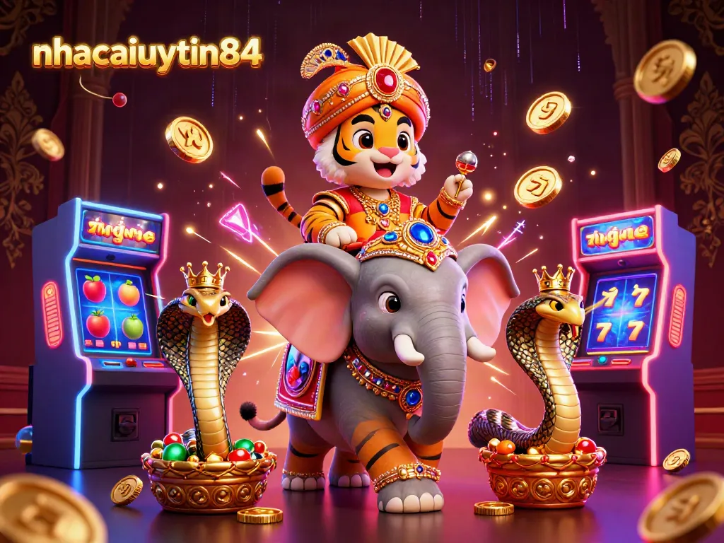 Experience thrilling gameplay with nhacaiuytin84 in this vibrant 3D casino scene showcasing slot machines and exotic characters.