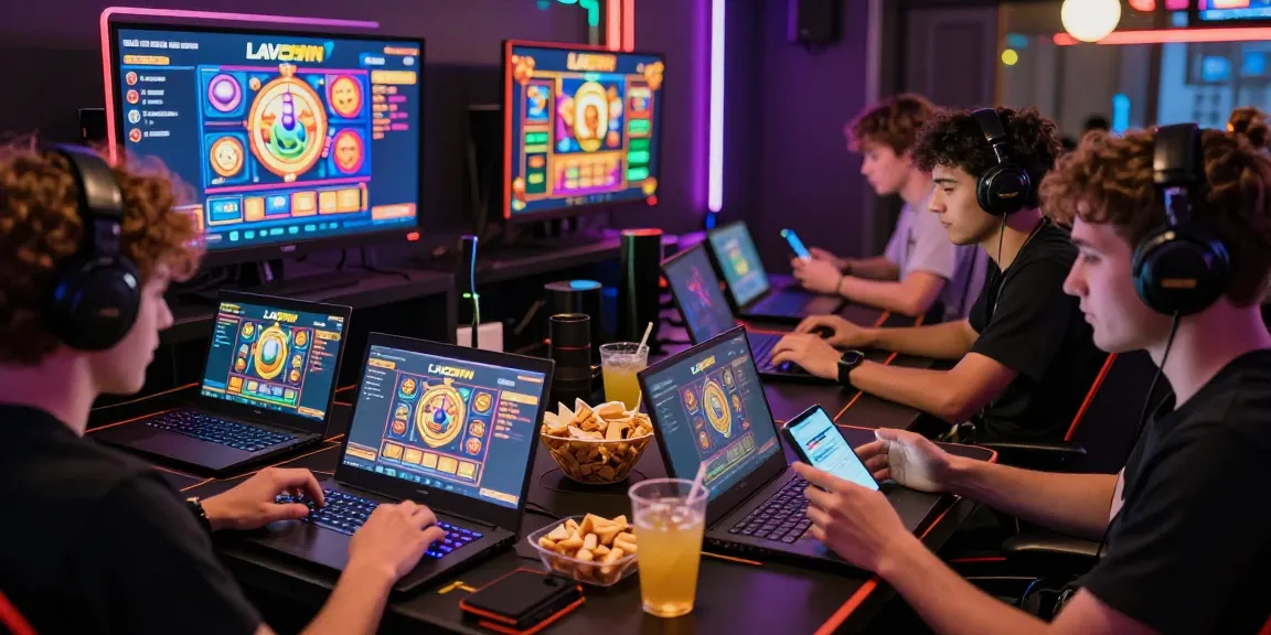 LAVOWIN login scene with players enjoying slot games on mobile devices in an energetic atmosphere.