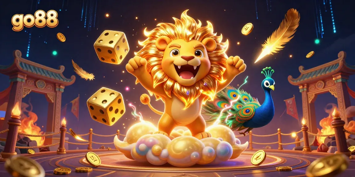 Play exciting casino games with go88 featuring a roaring sun lion and golden dice in a vibrant atmosphere.