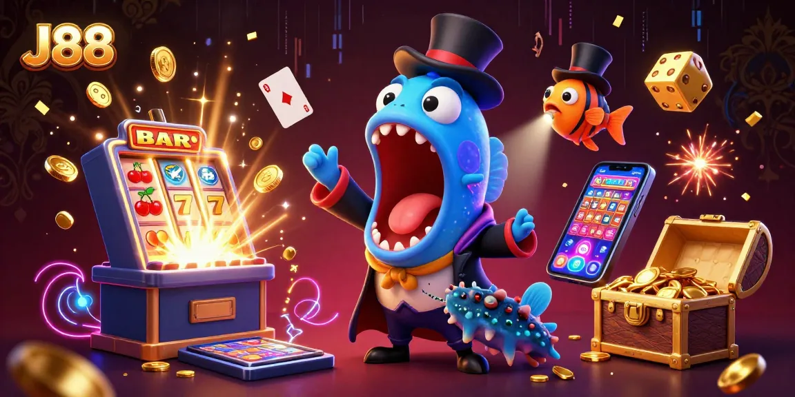 J88 brings excitement with a magical gambling scene featuring vibrant casino characters and elements.