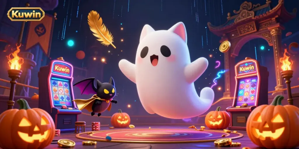 Kuwin gaming content featuring a friendly ghost cat and a bat in a vibrant casino setting.