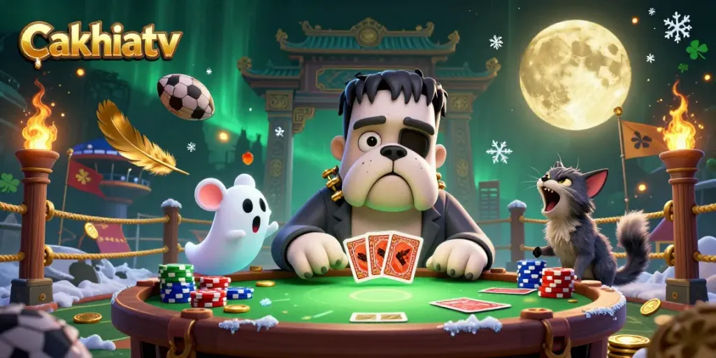 Cakhiatv showcases a lively sports betting scene with a Frankenstein bulldog dealer at the center, surrounded by football elements and rich gambling effects.