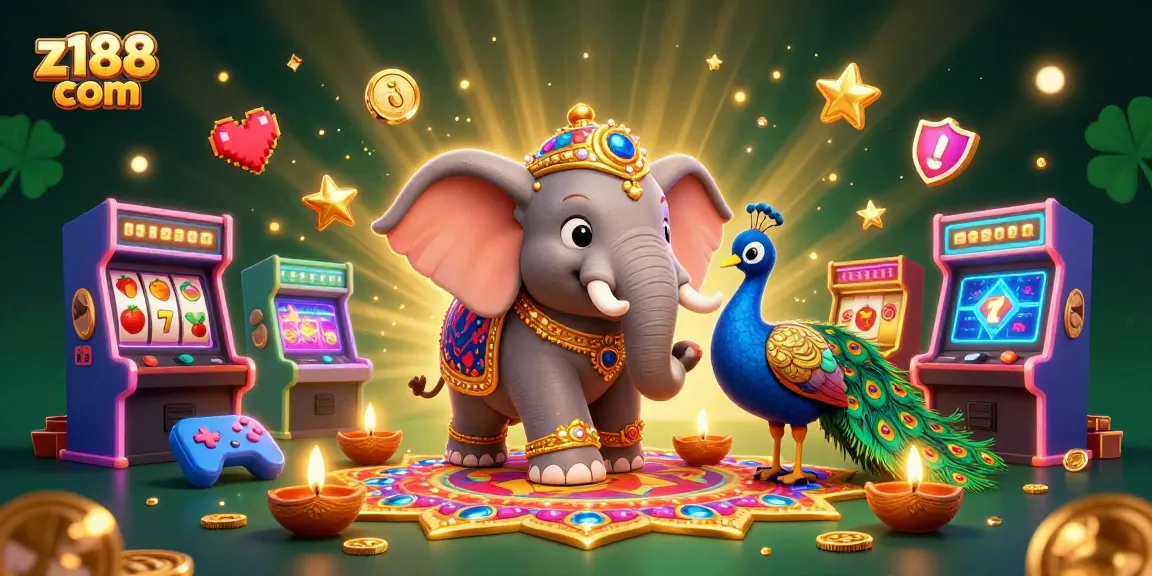 Engage with exciting slot games at z188 com featuring a vibrant elephant and peacock theme in a dazzling digital illustration.