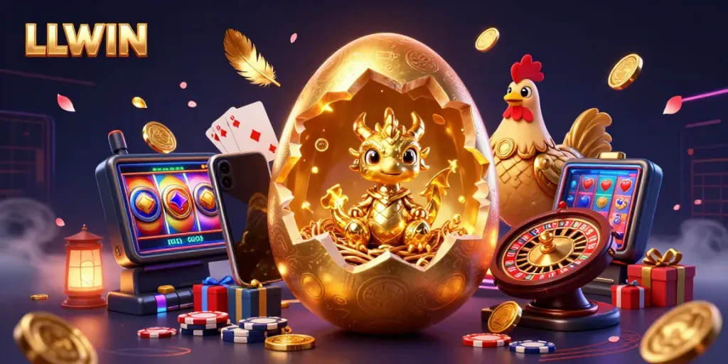 LLWIN showcases a golden egg revealing a dragon amidst vibrant casino elements like poker chips and slot games.