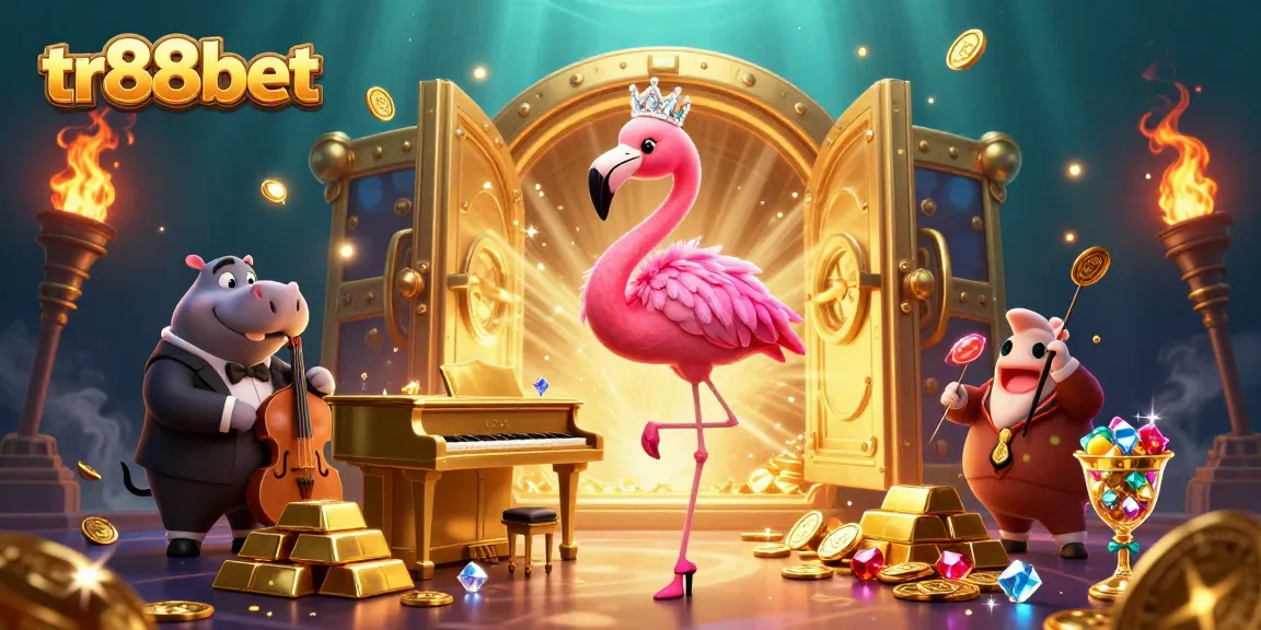 Experience the thrill of tr88bet with a vibrant casino art scene featuring a flamingo singer and hippo bassist.