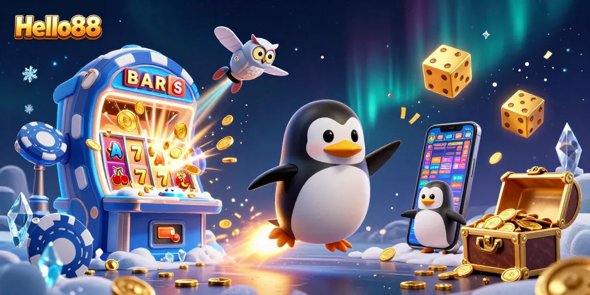 Hello88 gamers experience an exciting jackpot explosion of coins in a vibrant 3D casino illustration.