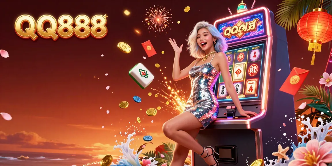 Experience winning excitement at QQ888, where a jubilant player celebrates a jackpot win surrounded by vibrant casino elements.