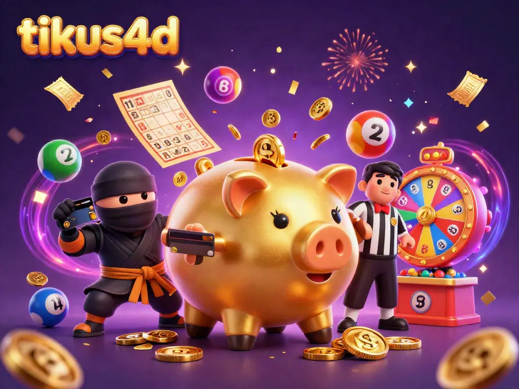 Permainan tikus4d dengan karakter lucu, bola lotere berwarna, dan koin emas terbang.