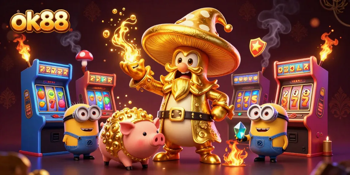 Experience ok88 with a vibrant scene of a golden mushroom wizard and casino elements in a dynamic 3D illustration.