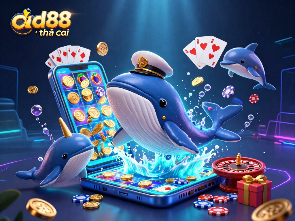 Experience thrills with ad88 nhà cái, featuring a whale, narwhal, and dolphins amidst casino fun.