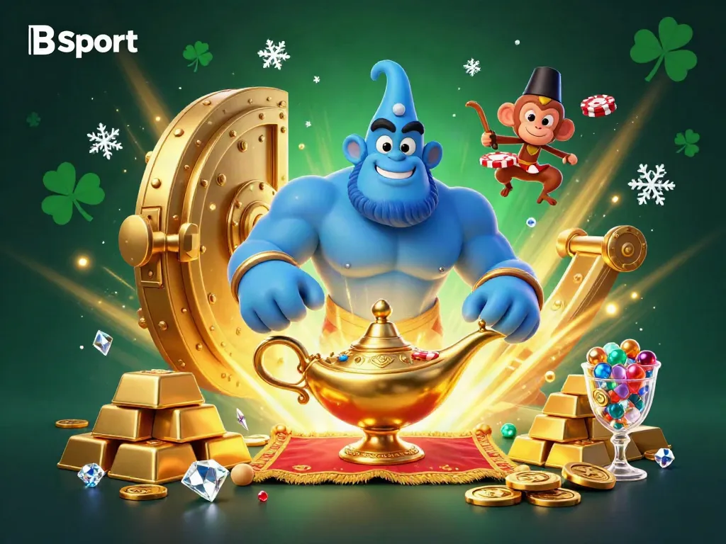 Experience the thrill of Bsport with a cartoon genie, poker chips, and treasure in a vibrant casino scene.