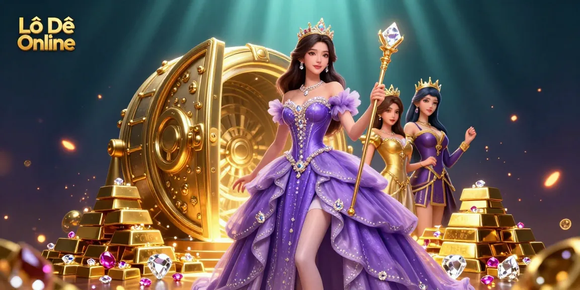 Lô Đề Online showcases a glamorous scene with treasures and characters from the online betting world.