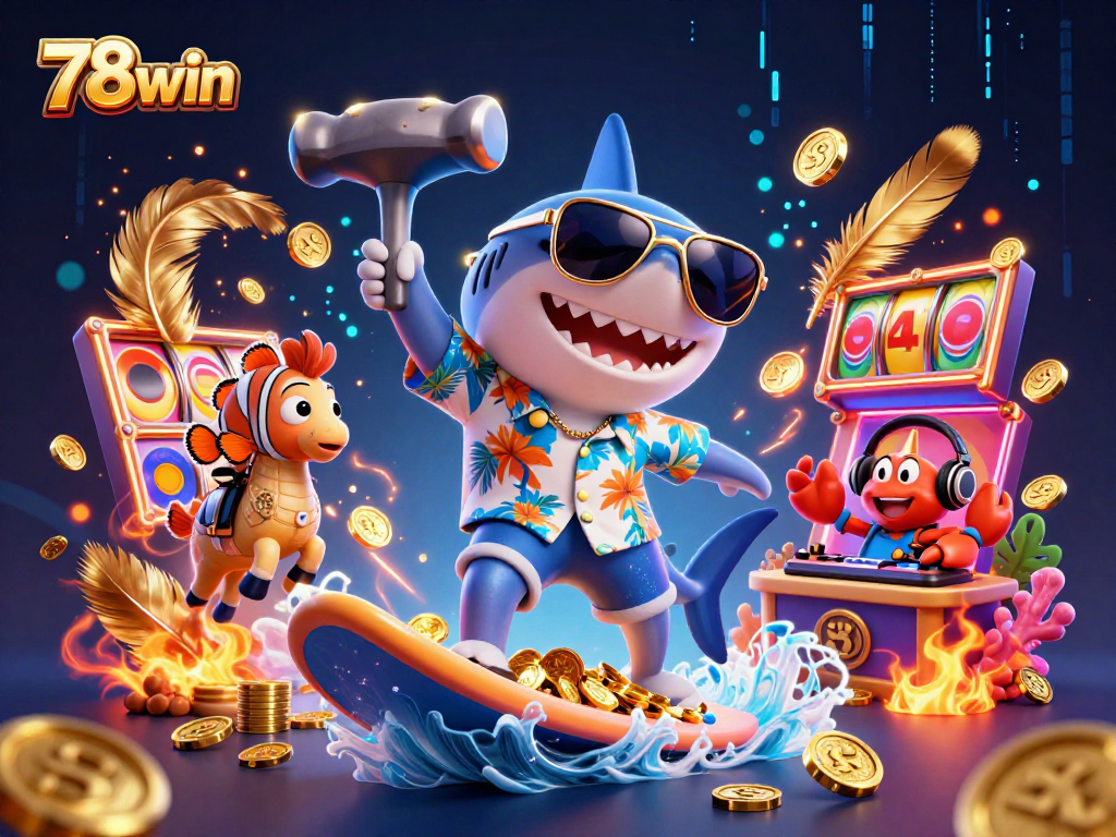 Experience thrilling slots with 78win featuring a vibrant scene of winning characters and casino elements.