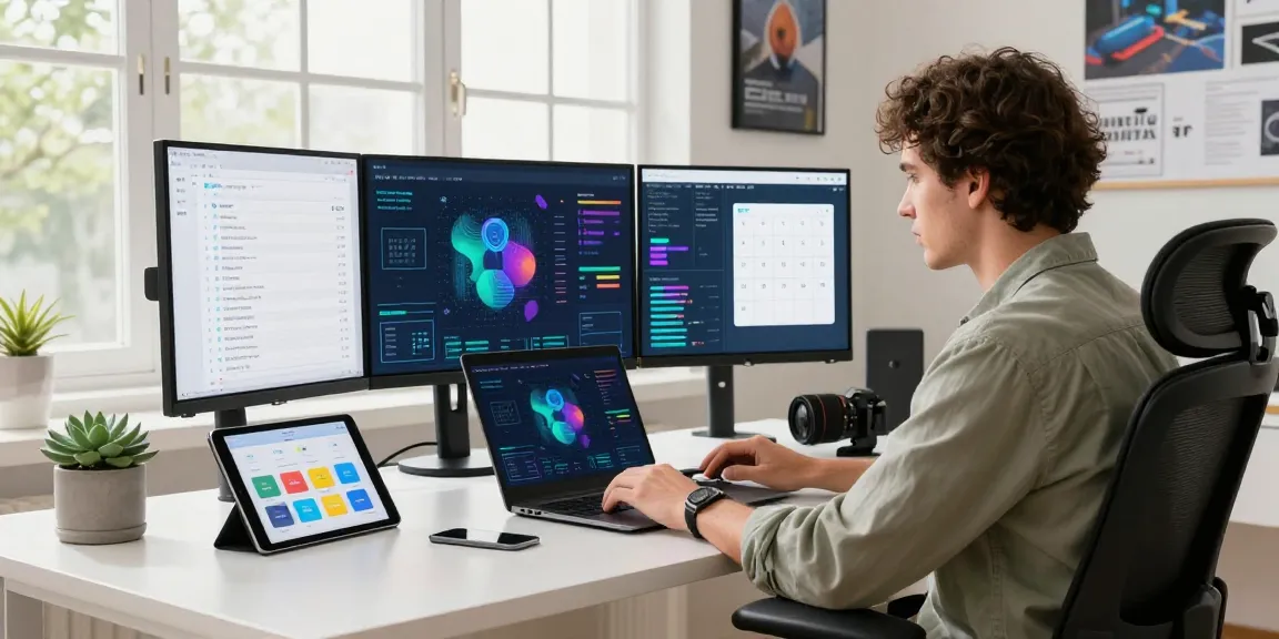 AI assistant enhancing productivity in a modern tech workspace with screens displaying data visualizations.