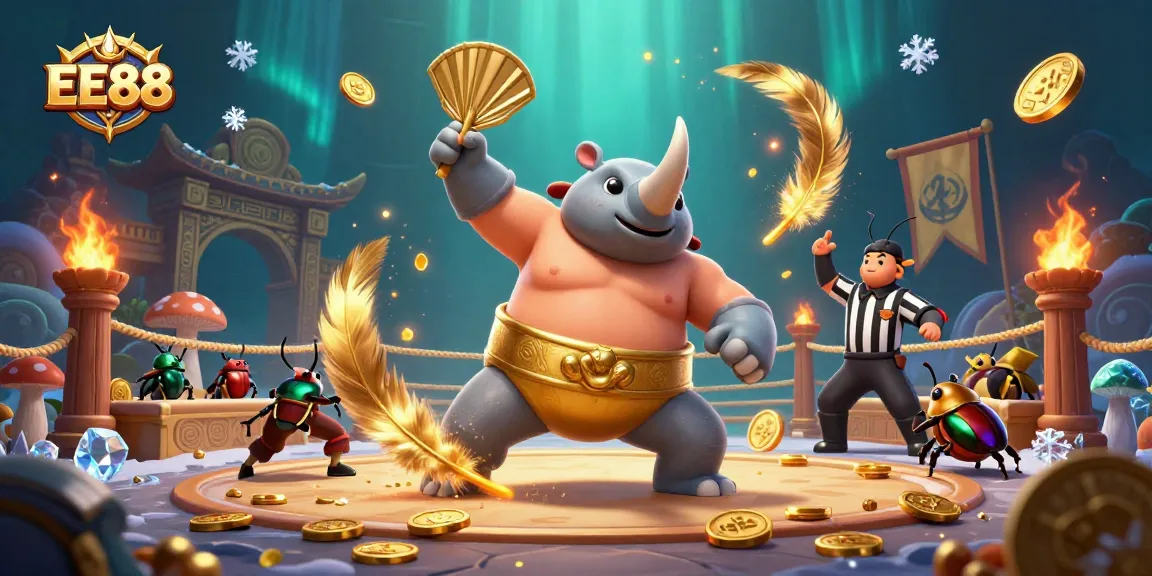 Watch the EE88 rhinoceros beetle champion stomp and send coins flying in this vibrant casino scene.