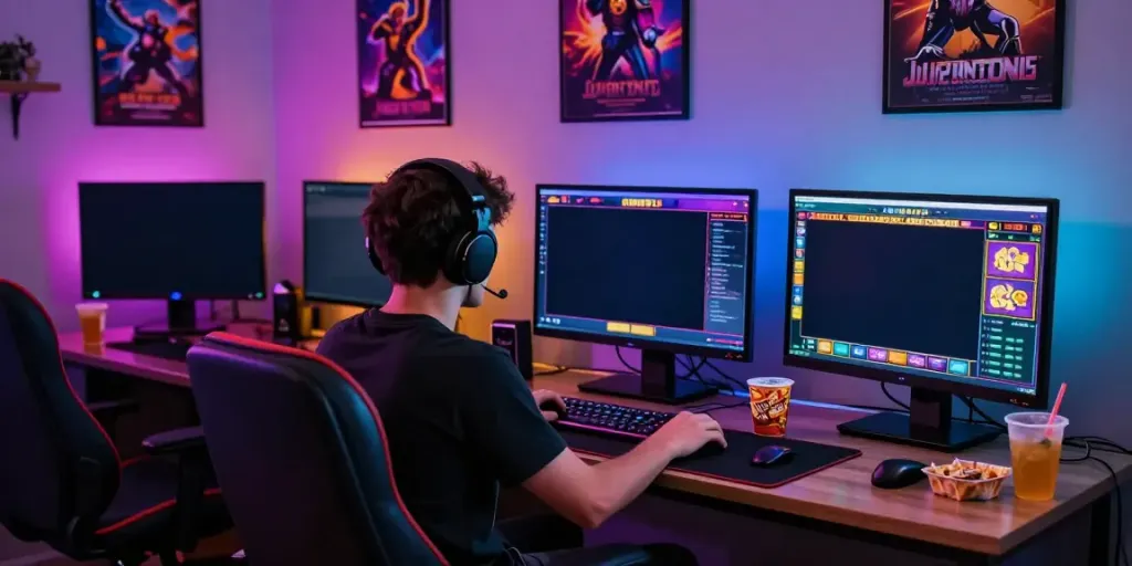 Engaging player enjoying judi slot online games at a stylish gaming setup.