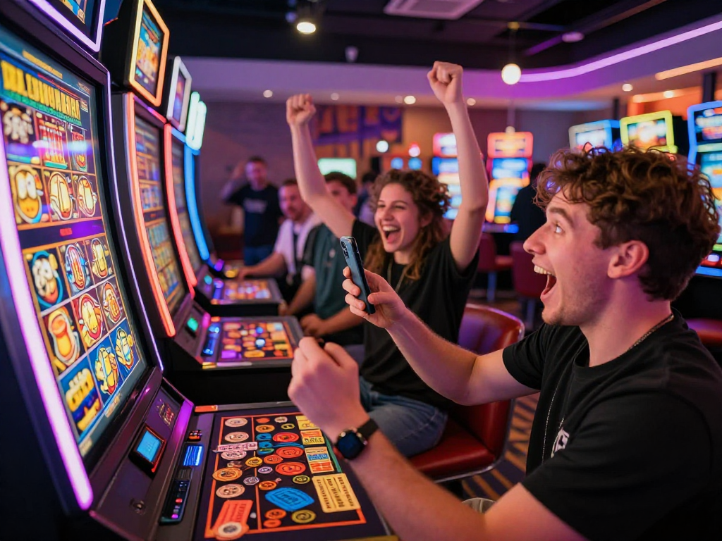 Joyful players celebrating a slot jackpot win in vibrant casino gaming hall