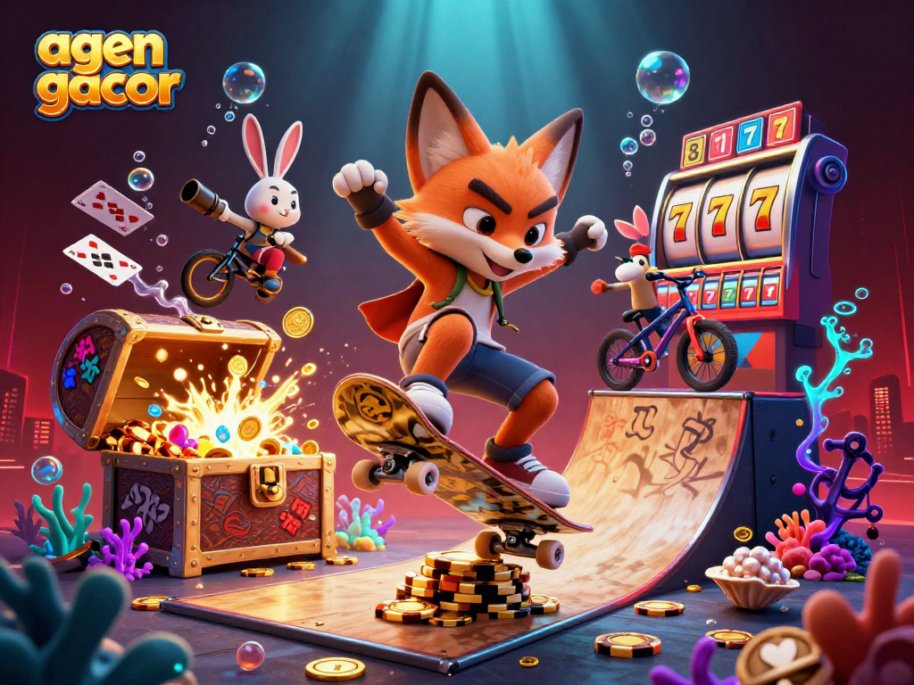 Spin the reels with agen gacor in a vibrant cartoon scene highlighting fun casino elements.