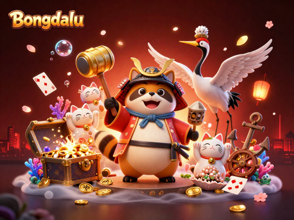 Bongdalu's iconic scene showcases a cheerful tanuki and friends among vibrant casino elements and festive symbols.