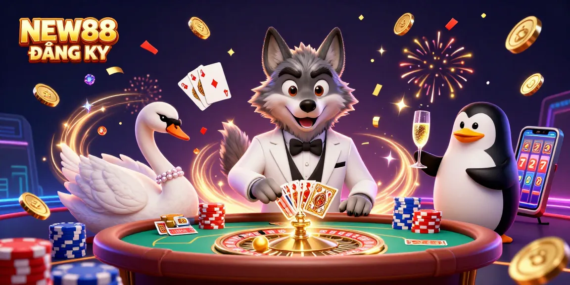 Experience the excitement of NEW88 ĐĂNG KÝ with a sophisticated scene featuring a cartoon wolf, swan, and penguin in a vibrant casino setting.