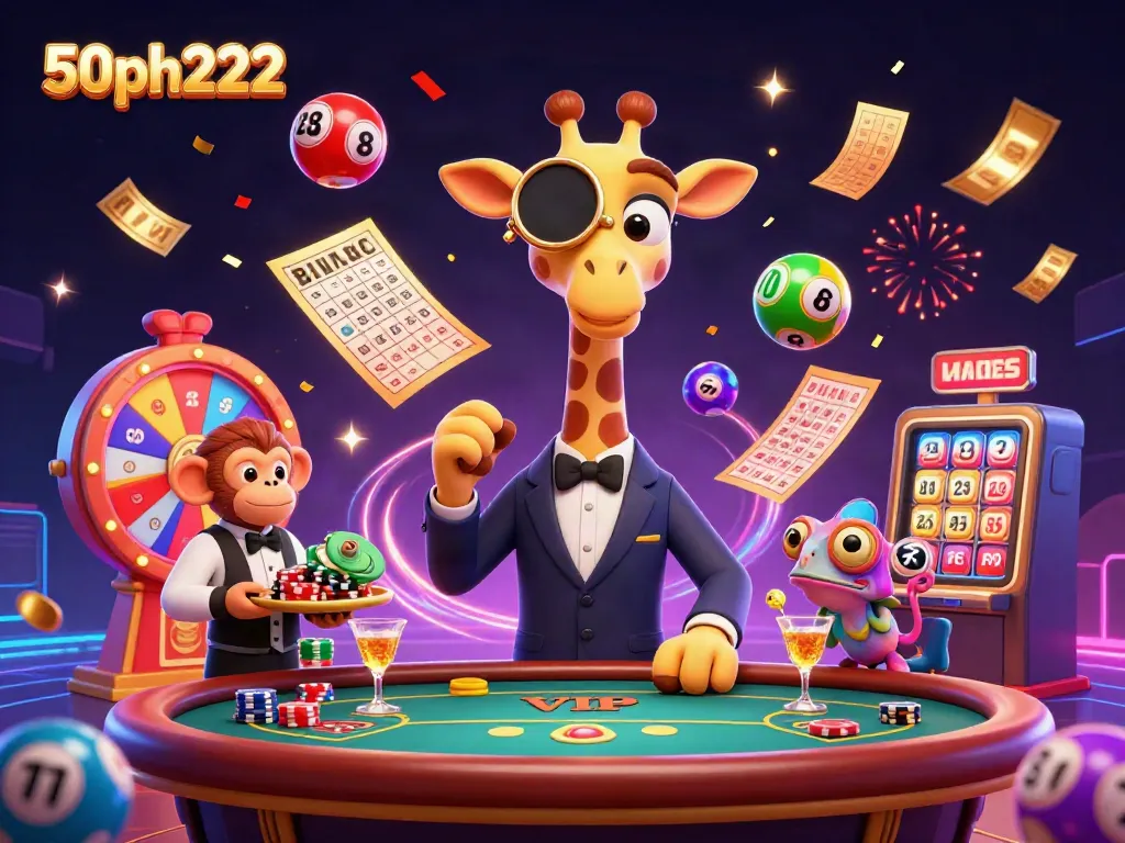 Join the excitement with 50ph222's high-roller giraffe at the poker table amid colorful lottery action!
