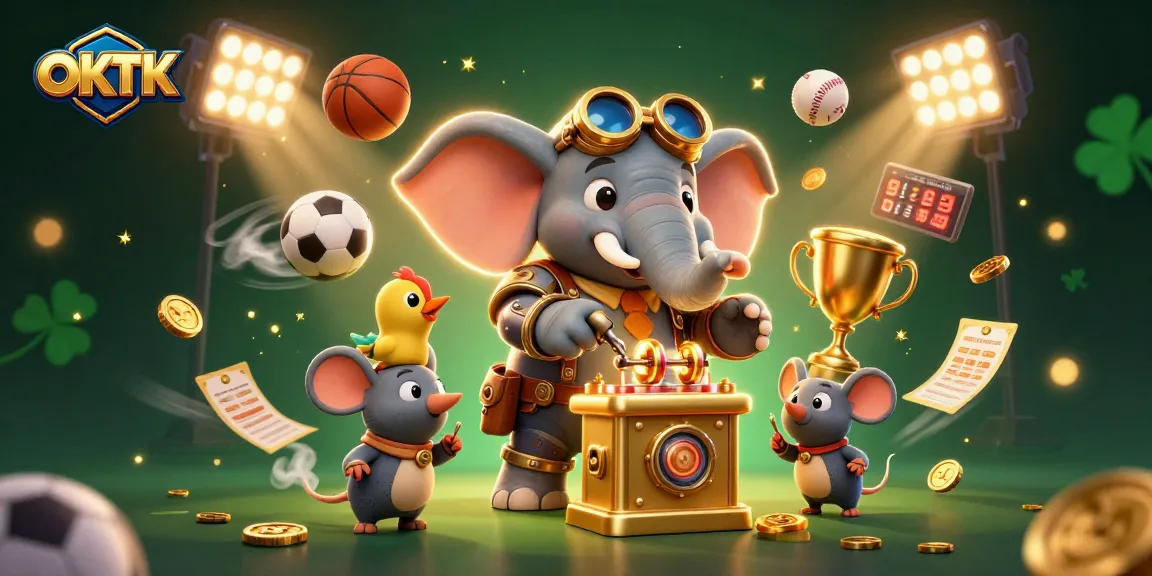 Engage with OKTK's vibrant gaming scene featuring a steampunk elephant and dynamic sports elements.