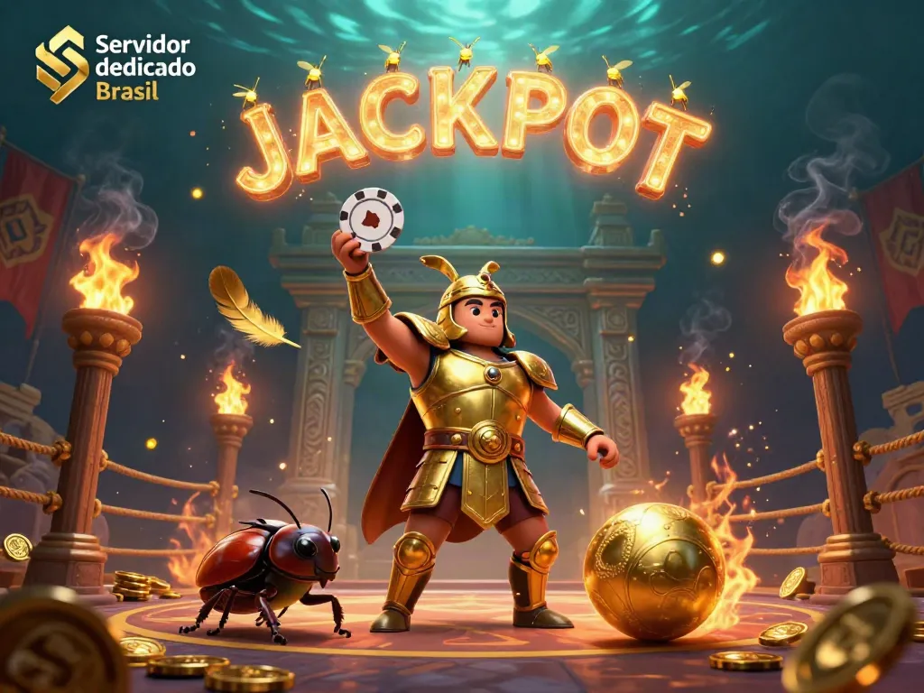 Experience the thrill of Servidor dedicado Brasil with vibrant characters and dazzling casino elements in a triumphant scene.