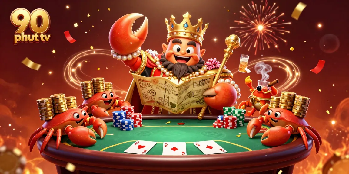 Experience thrilling poker action with 90 phut tv featuring a golden crab emperor amidst exciting gambling elements.