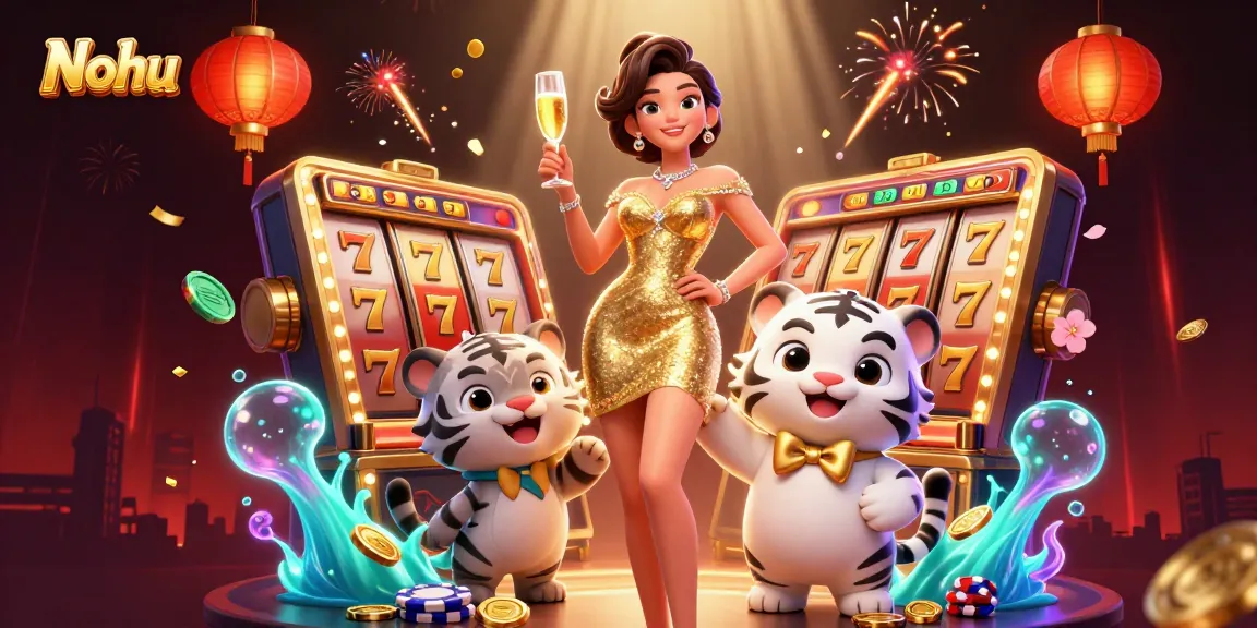 Nohu showcases a glamorous woman with a champagne glass beside a lucky white tiger, celebrating big wins in an exciting casino environment.