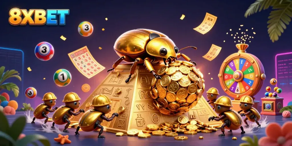 8XBET showcases a vibrant casino scene featuring a golden dung beetle rolling a coin ball, highlighting winning opportunities.