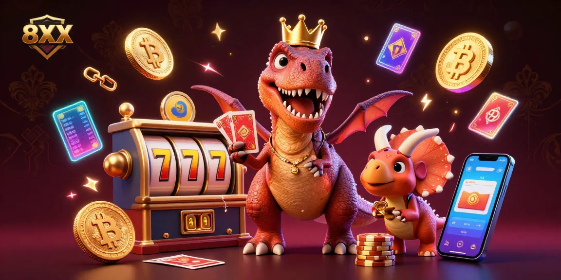 Engage with the thrilling world of 8XX with vibrant casino elements and animated characters in a dynamic gaming scene.